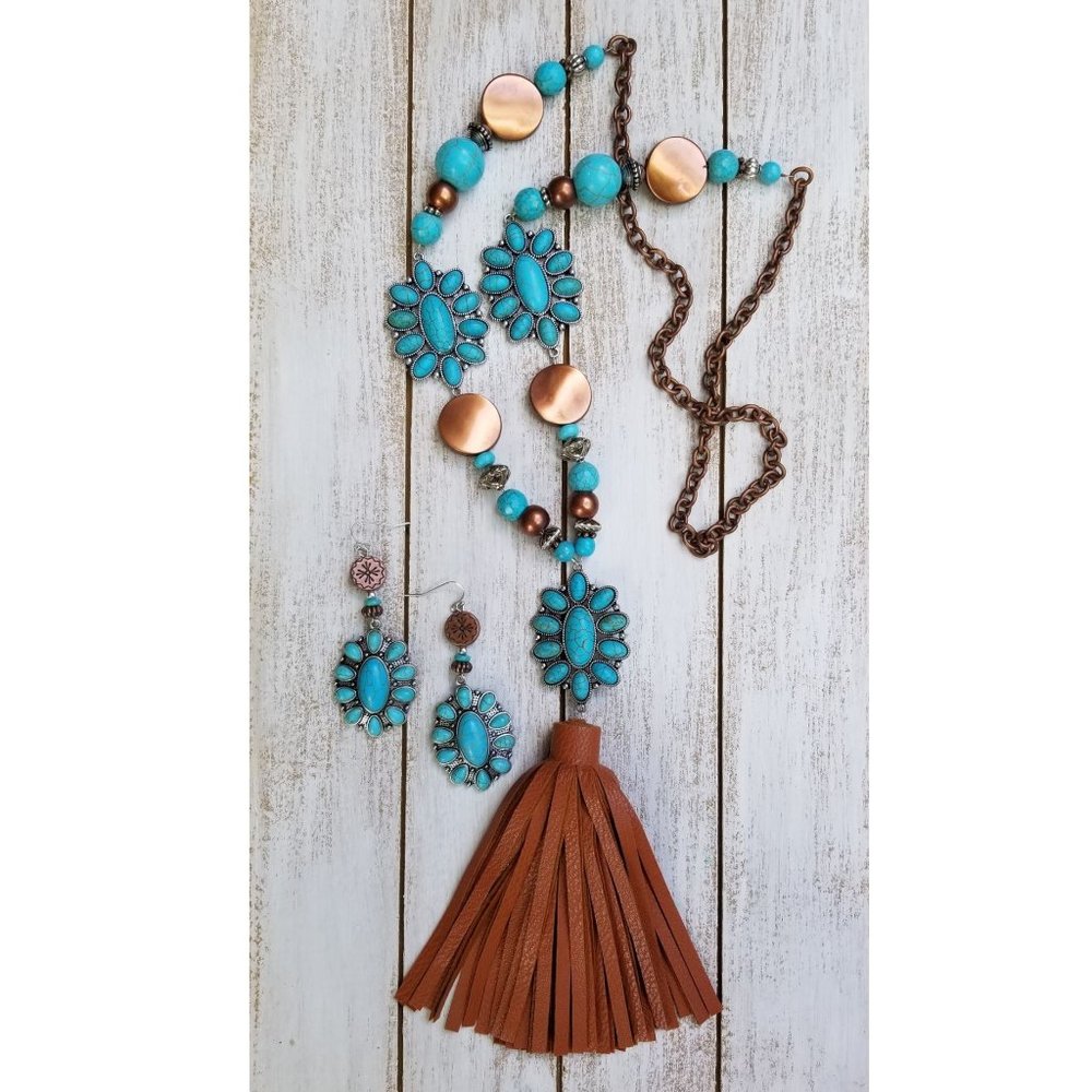 Necklace Earrings Squash Blossom Faux Leather Turquoise Copper Silver Beads - Picture 6 of 9